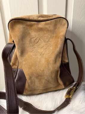 Loewe Tan Suede Messenger Bag with Brown Leather Trim